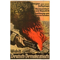 Original Vintage Propaganda Cartel Electoral Vota Democrática Alemana DDP Inflación