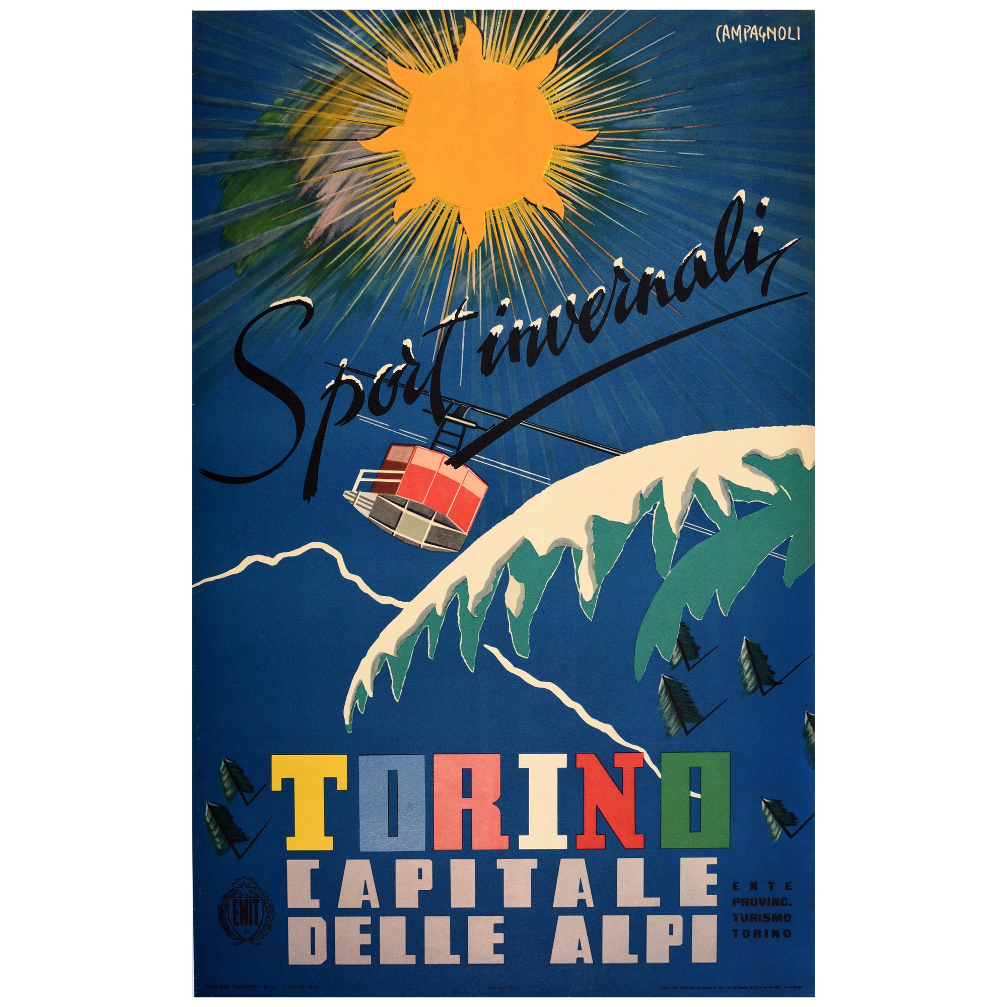 Affiche de voyage vintage originale de Torino, capitale des Alpes, sports d'hiver, Campagnoli, Italie