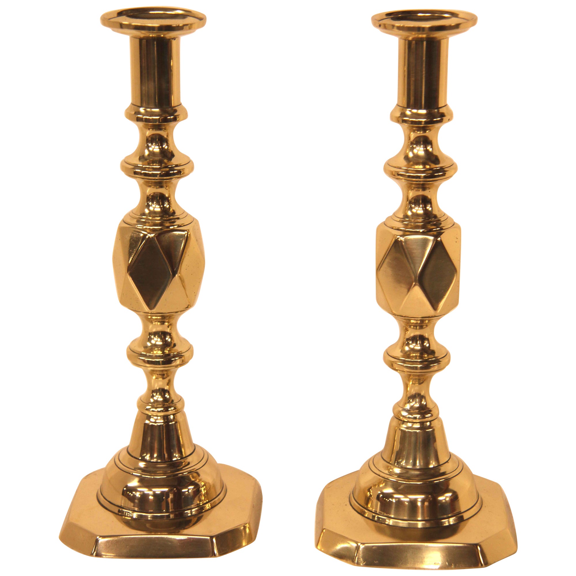 Pair of English Brass ''Queen of Diamonds'' Candlesticks
