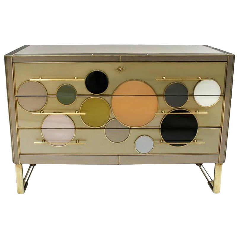 Mid-Century Modern Style Solid Wood Glass and Brass Large Italian Commode