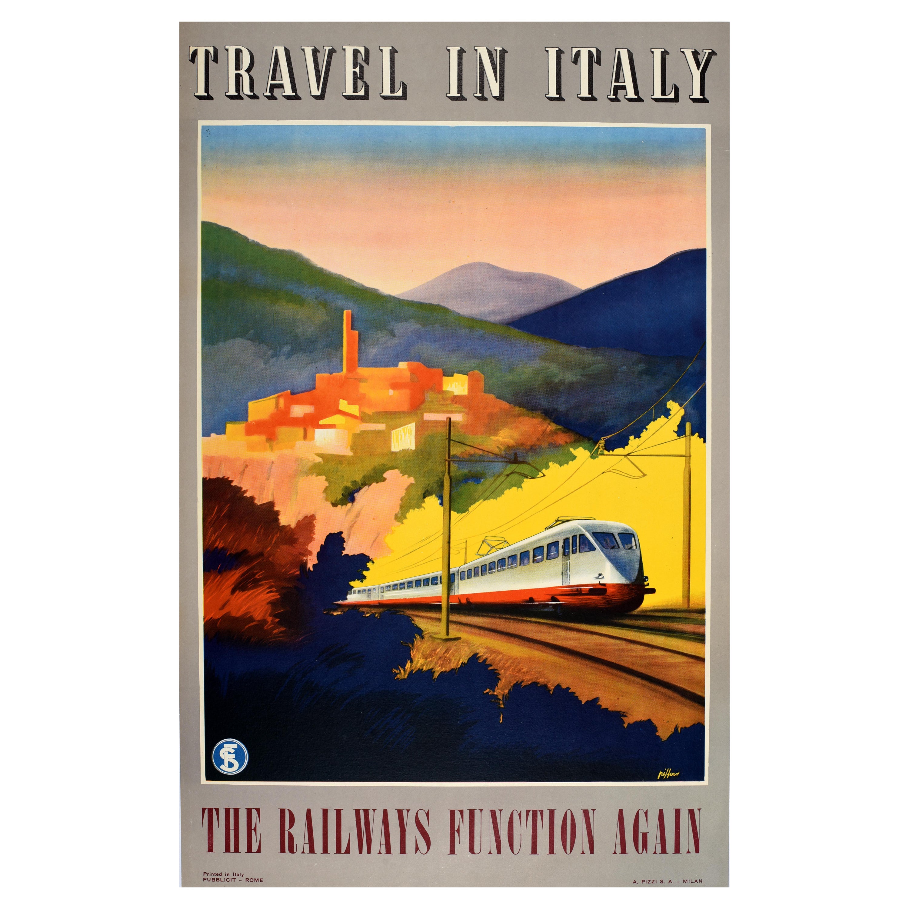 Original-Vintage-Poster, Zugplakat, Reisen, Italien, Italienische Staatsbahnen, Funktionieren wieder