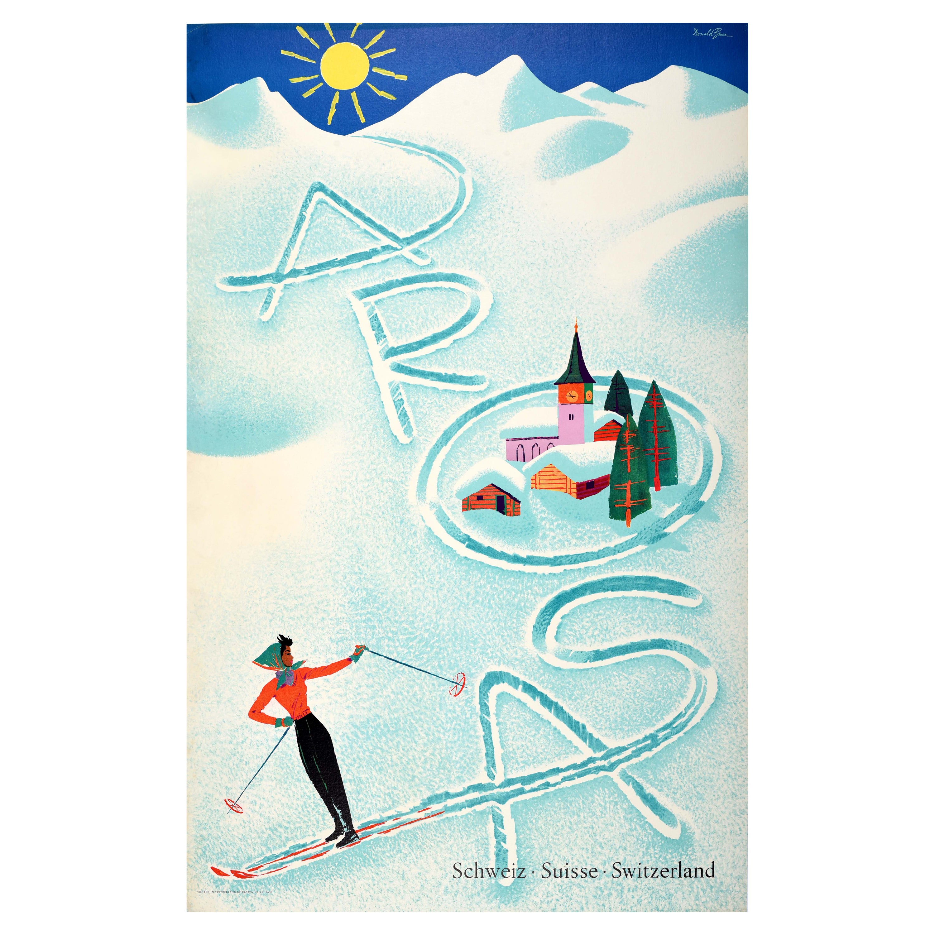 Affiche de voyage vintage originale de ski d'Arosa en Suisse Donald Brun en vente