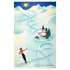 Affiche de voyage vintage originale de ski d'Arosa en Suisse Donald Brun