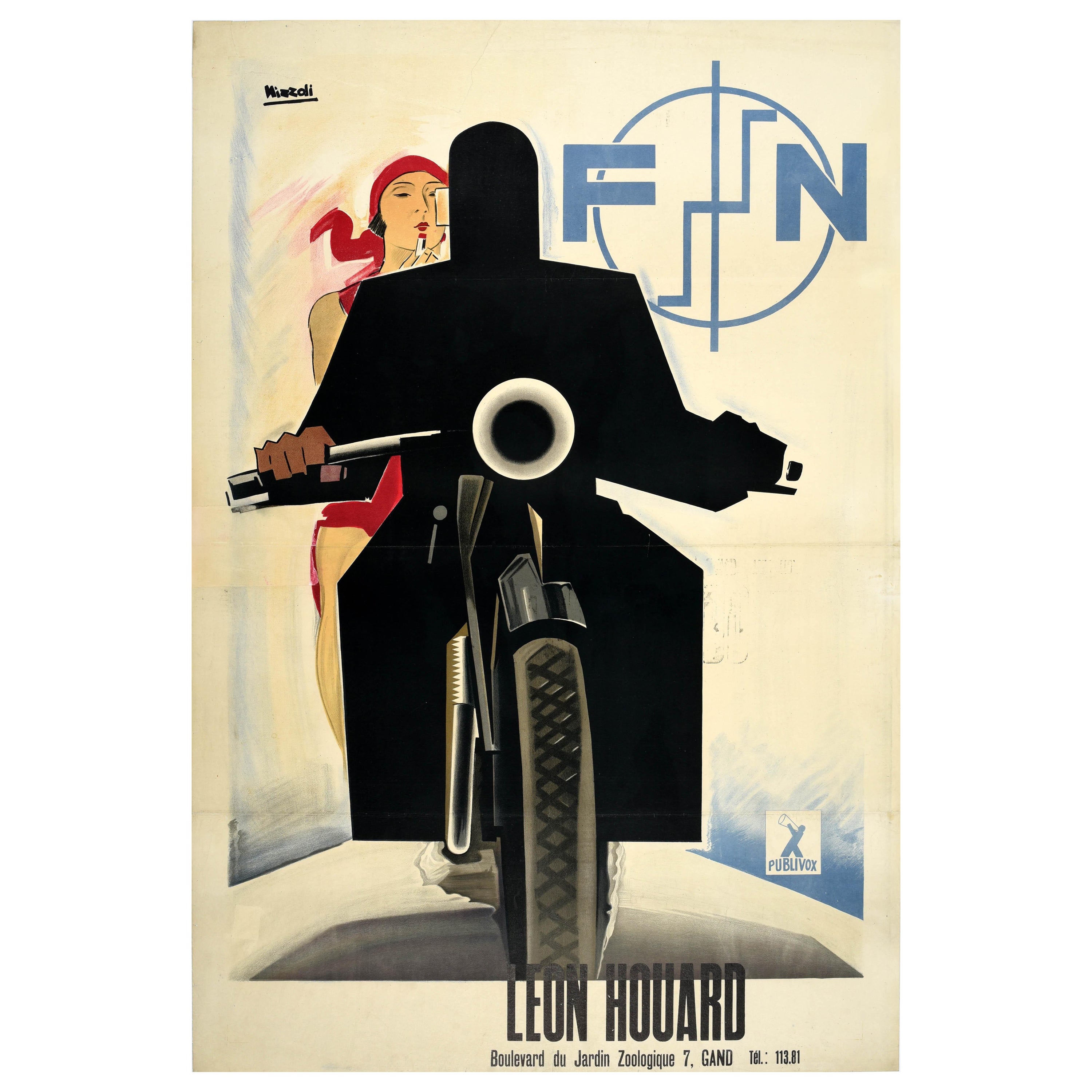 Affiche publicitaire originale vintage Leon Houard Fabrique Nationale Motorcycles en vente