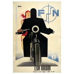 Affiche publicitaire originale vintage Leon Houard Fabrique Nationale Motorcycles