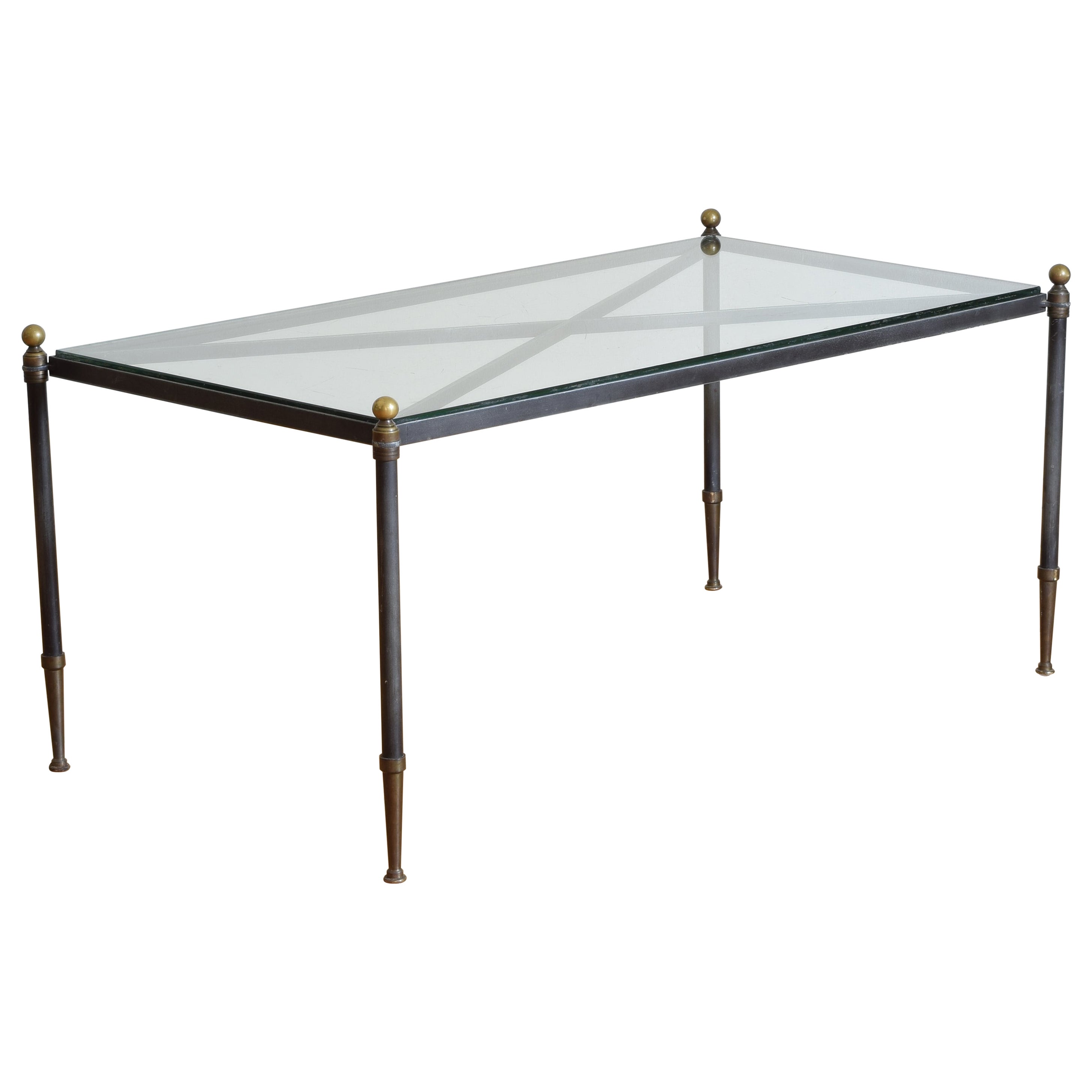 French Mid 20th Century Steel & Brass Glass Top Coffee Table with X-form Frame