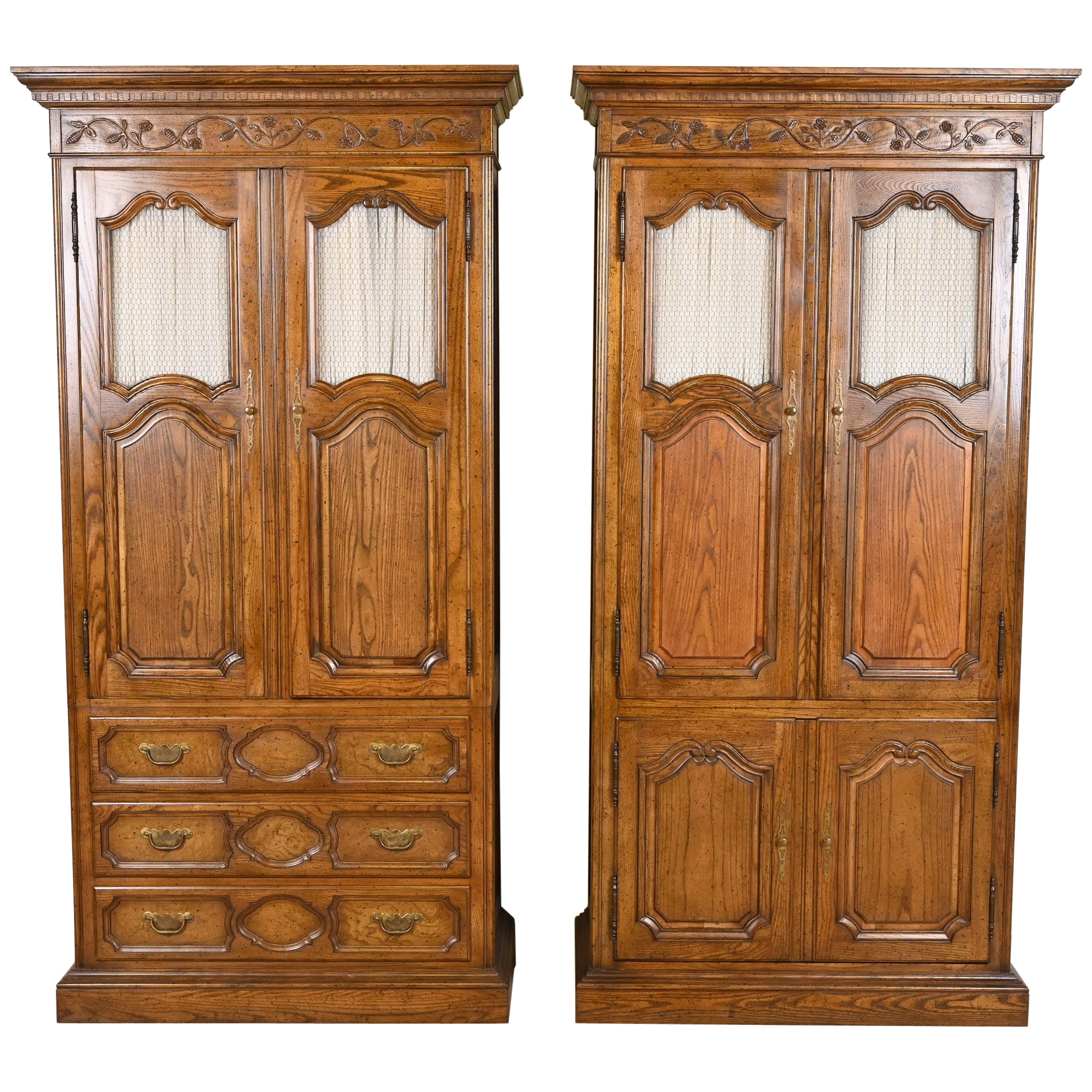 Baker Furniture French Provincial Louis XV Oak Armoire Dressers or Linen Presses For Sale
