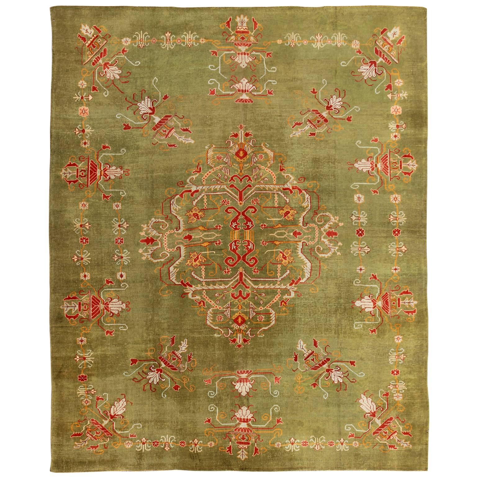Antique Turkish Oushak Rug in Green Field, Red, Orange & Rich Colorful Accent For Sale