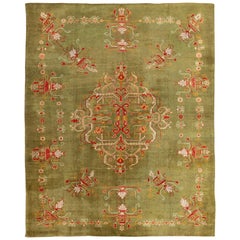 Antique Turkish Oushak Rug in Green Field, Red, Orange & Rich Colorful Accent