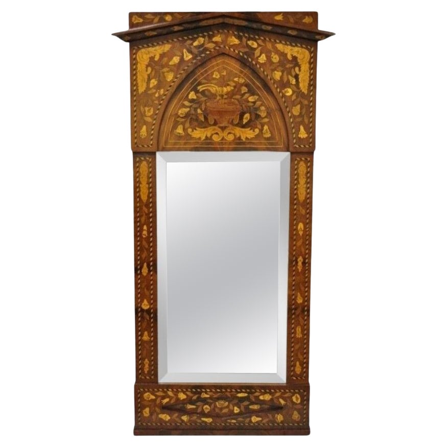 19th Century Satinwood Dutch Marquetry Inlaid Beveled Glass Console Wall Mirror For Sale