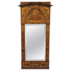 Antique 19th Century Satinwood Dutch Marquetry Inlaid Beveled Glass Console Wall Mirror