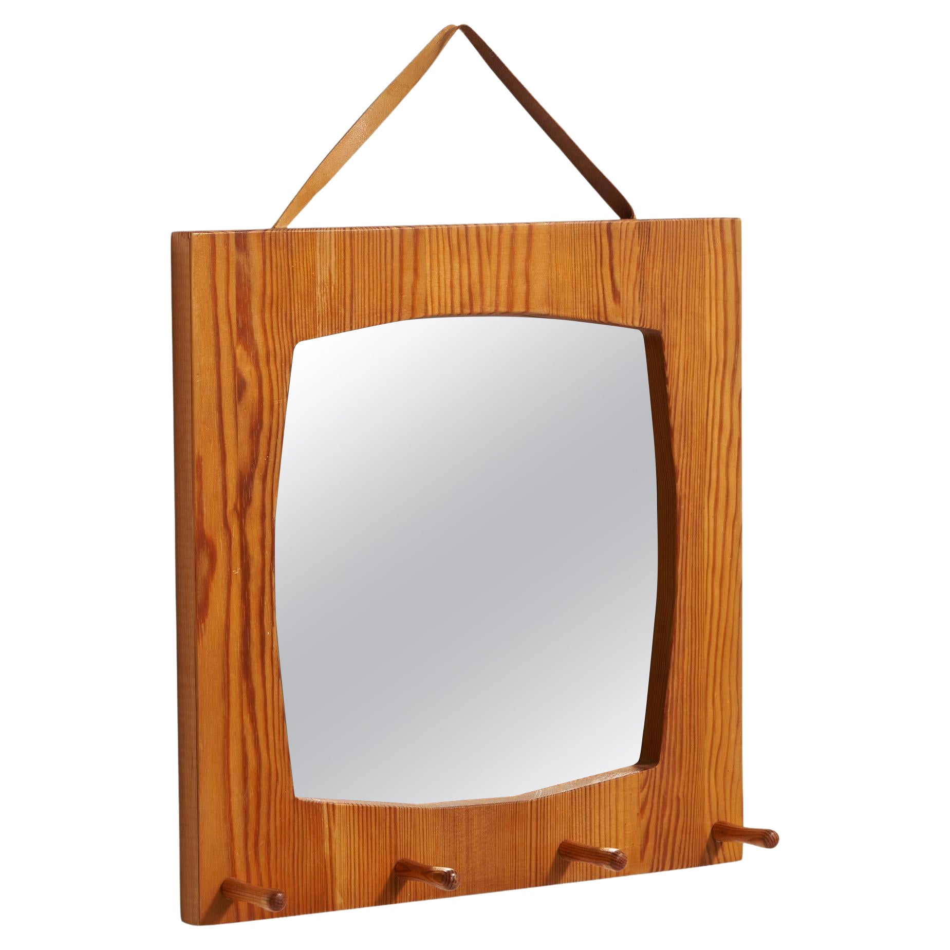 Swedish Designer, Wall Mirror, Pine, Leather, Sweden, 1970s For Sale