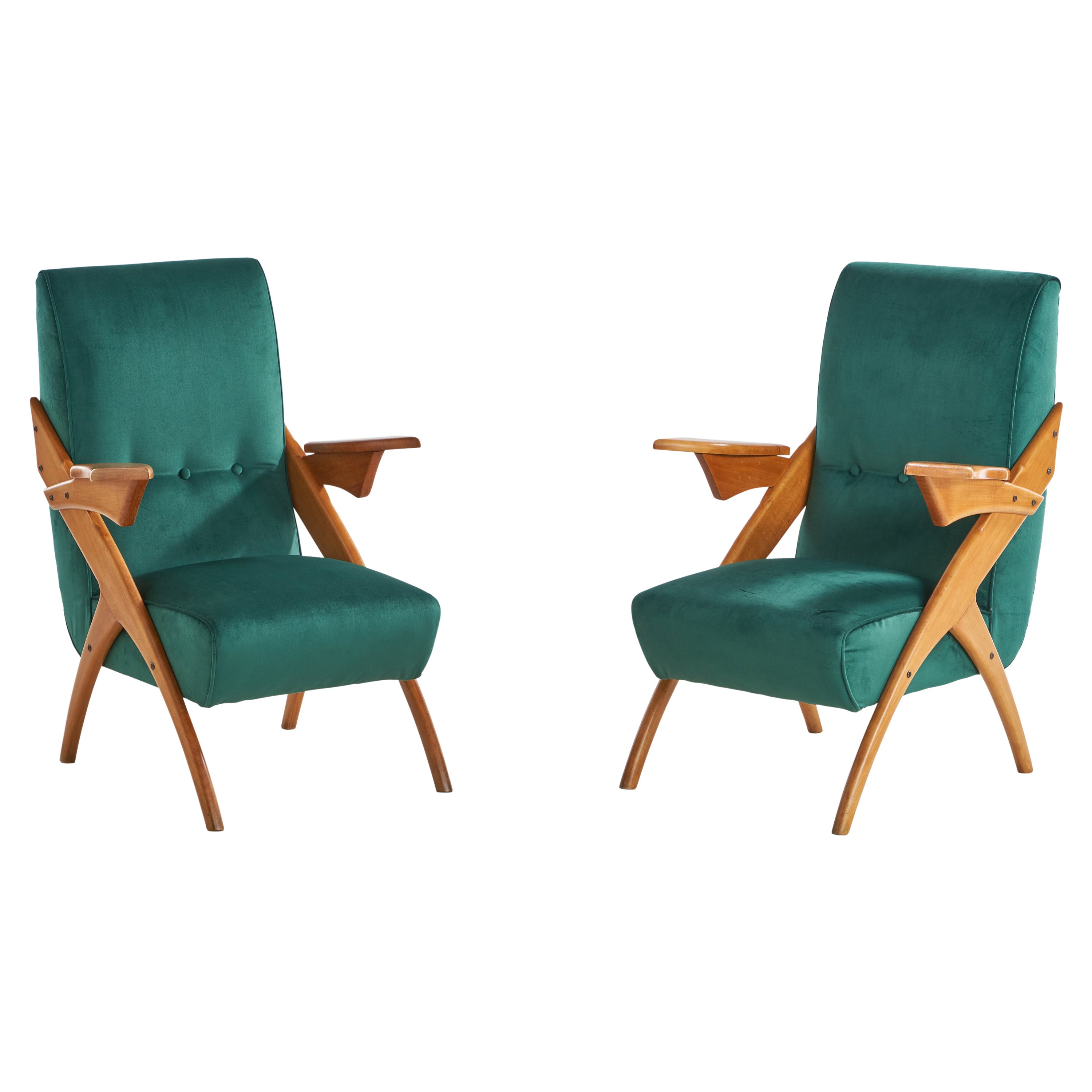 Argentinian Designer, Lounge Chairs, Wood, Velvet, Argentina, 1950s For Sale