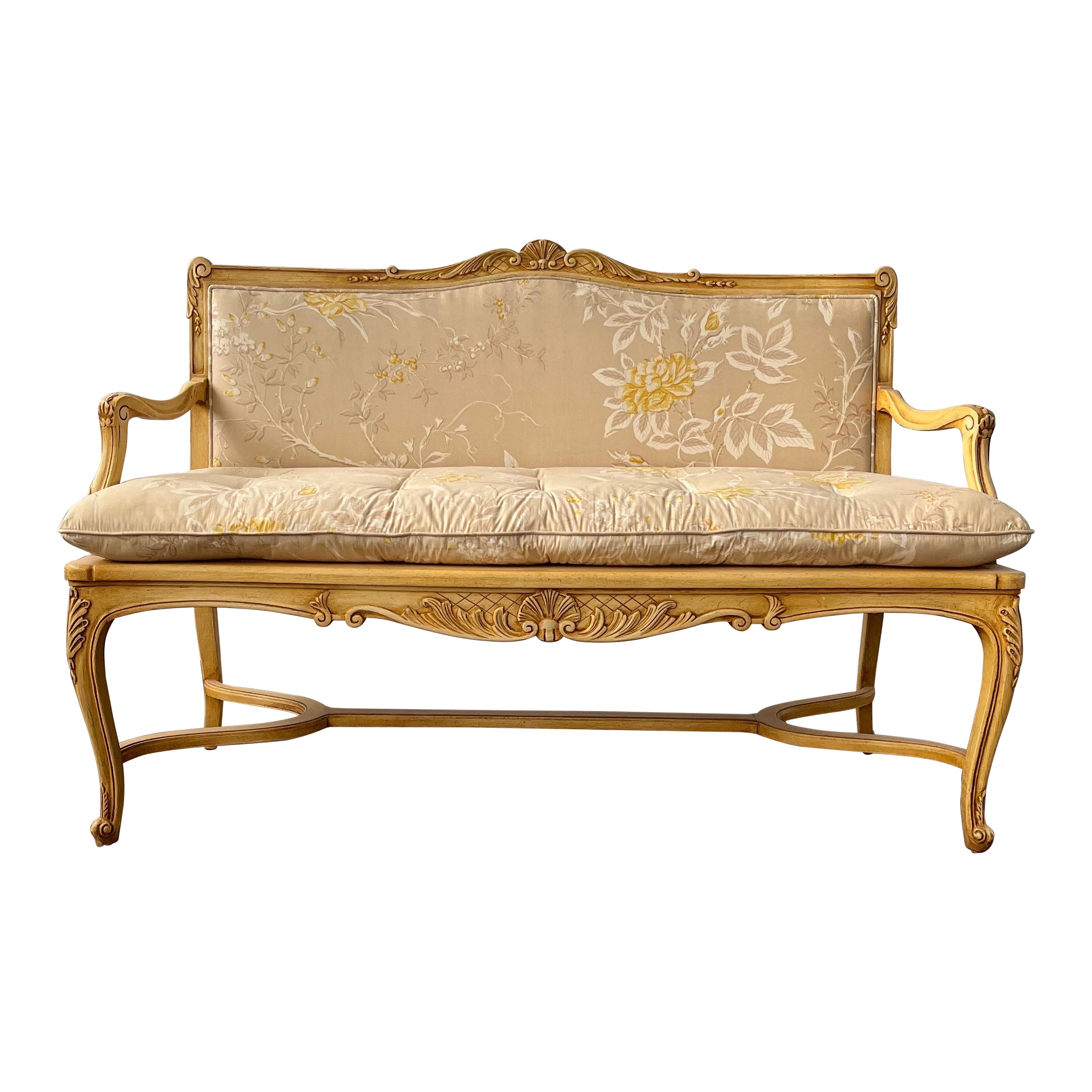 Vintage Provincial Cane Upholstered Settee