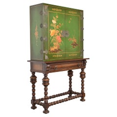 Antique Early Baker Furniture Chinoiserie Jacobean Hand Painted Bookcase or Bar Cabinet