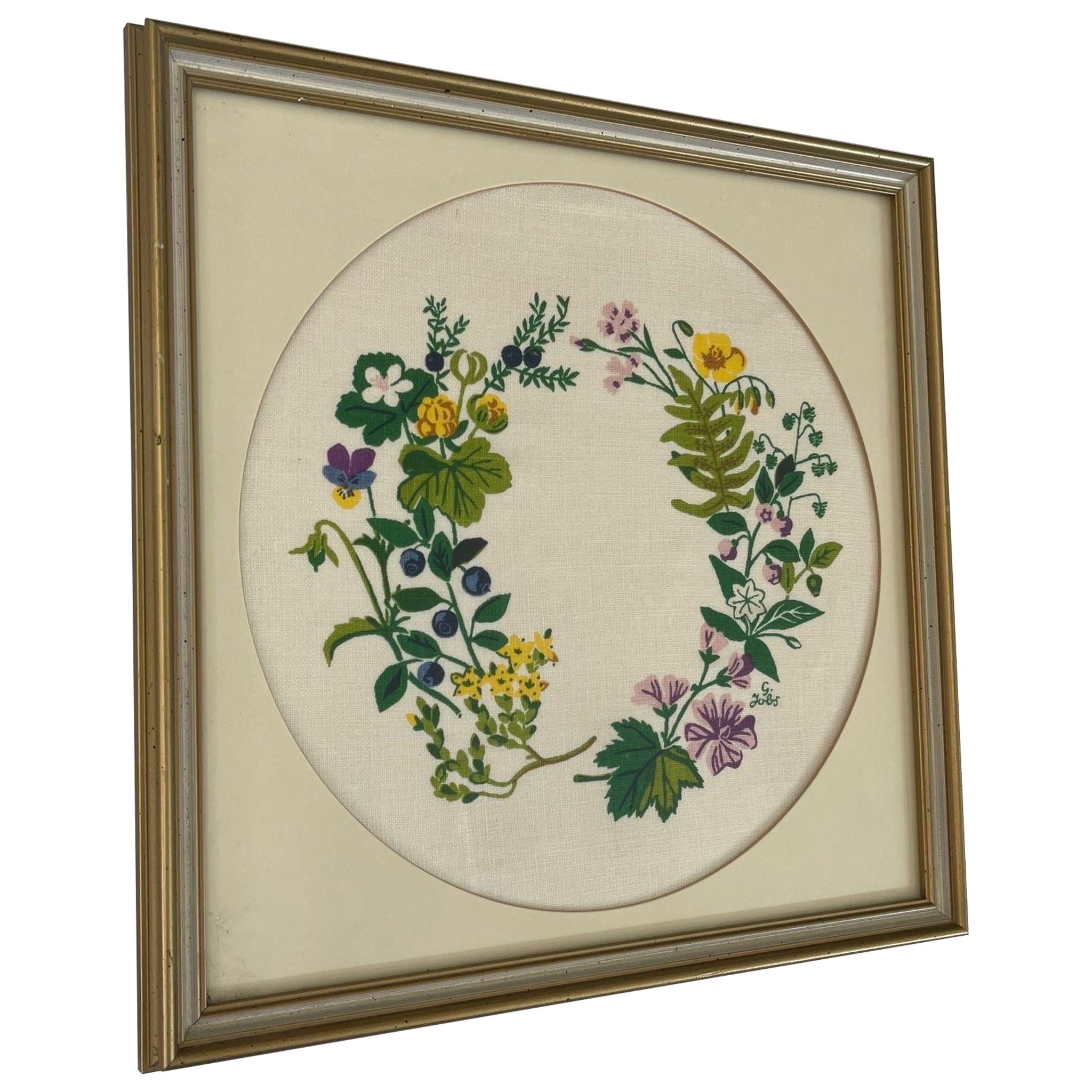 Vintage Original Framed and Signed Floral Wreath Artwork. For Sale