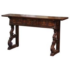 18th Century Spanish Baroque Carved Walnut Three-Drawer Trestle Console Table
