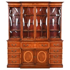 Baker Furniture Style Georgian Inlaid Mahogany Bubble Glass Breakfront Bookcase 