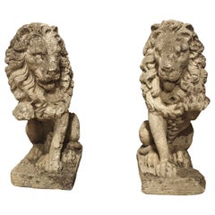Pair of Antique French Reconstituted Stone Lions, Early 1900s