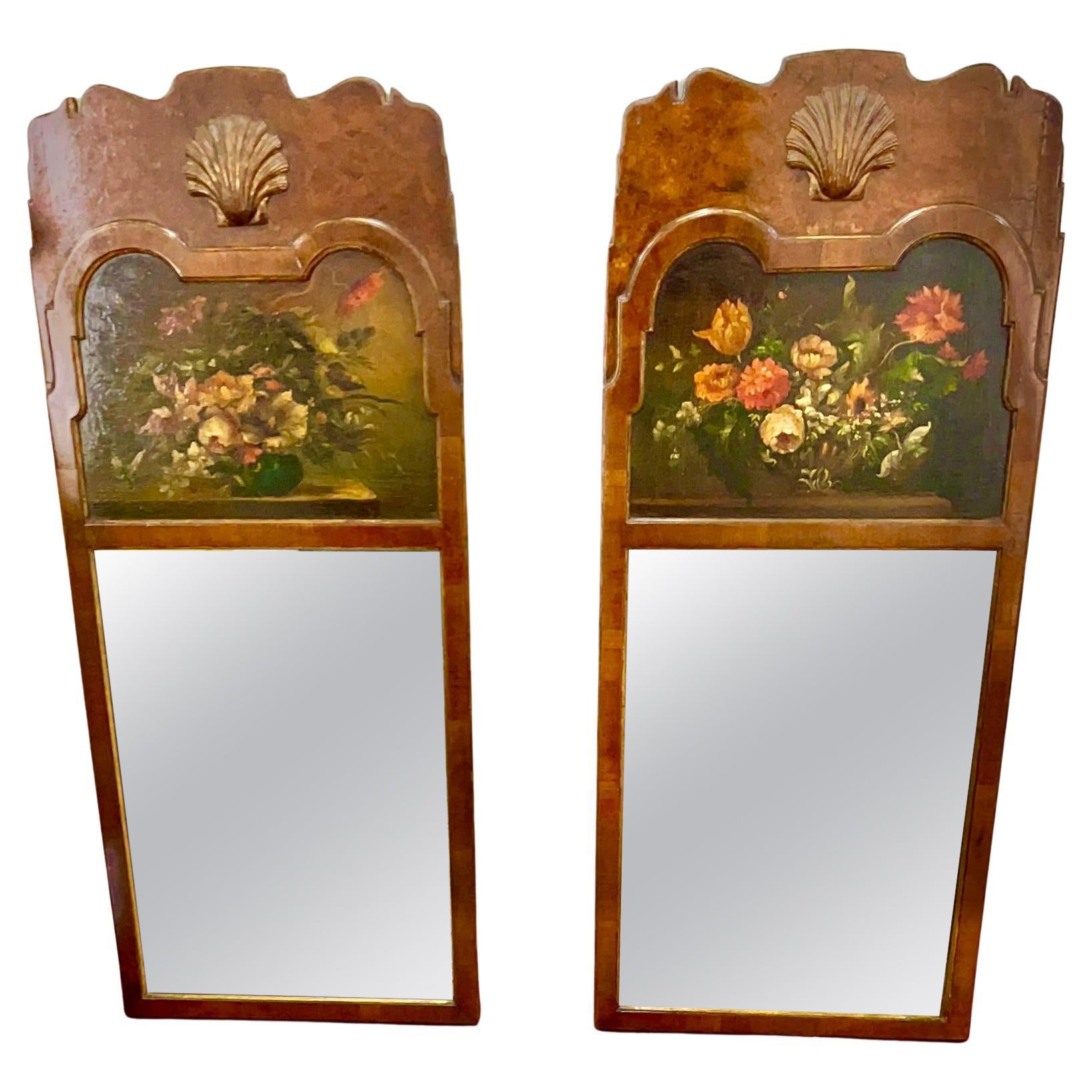 Set or Pair of Queen Anne Styled English Burl Walnut Trumeau Mirrors For Sale