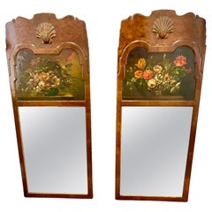 Antique Set or Pair of Queen Anne Styled English Burl Walnut Trumeau Mirrors