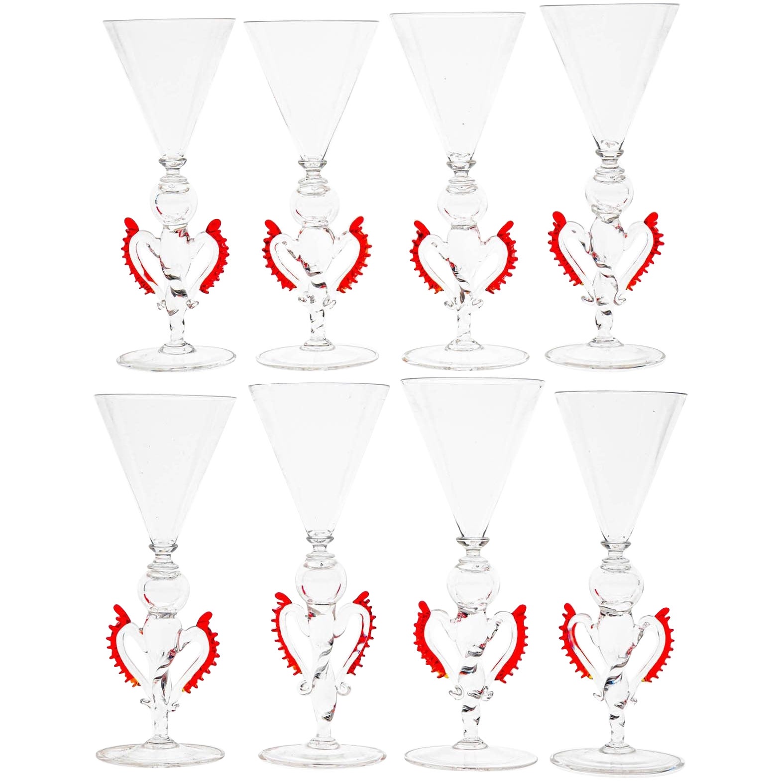 Set of 8 Classic Cenedese Murano Glass Goblets Tipetti, clear with red accents im Angebot
