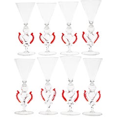 Vintage Set of 8 Classic Cenedese Murano Glass Goblets Tipetti, clear with red accents