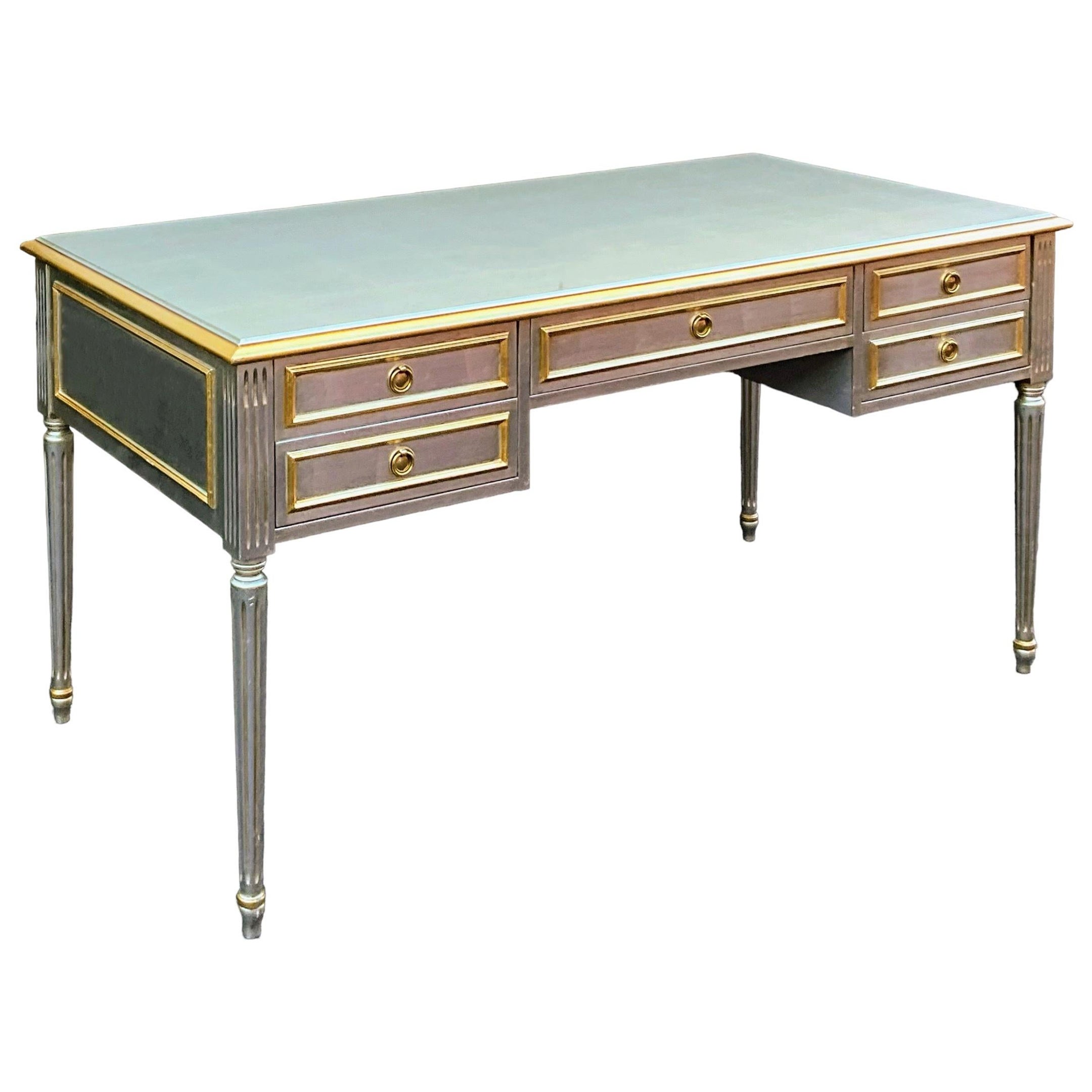 Late 20th-C. French Maison Jansen Style Silver & Gold Leaf Writing Desk For Sale