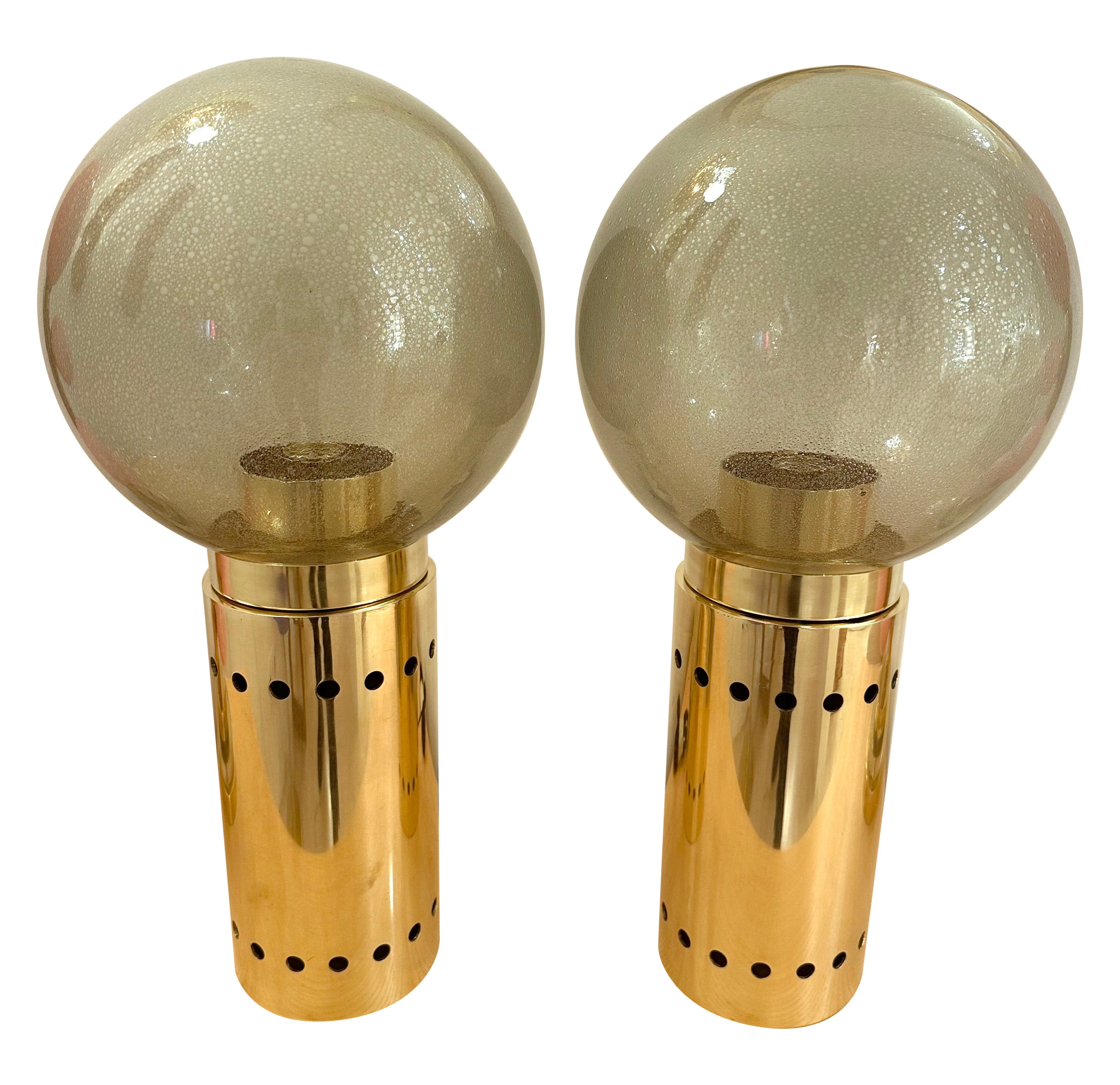 Contemporary Pair of Brass and Gray Murano Glass Globe Lamps, Italy For Sale