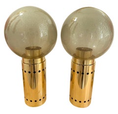 Contemporary Pair of Brass and Gray Murano Glass Globe Lamps, Italy