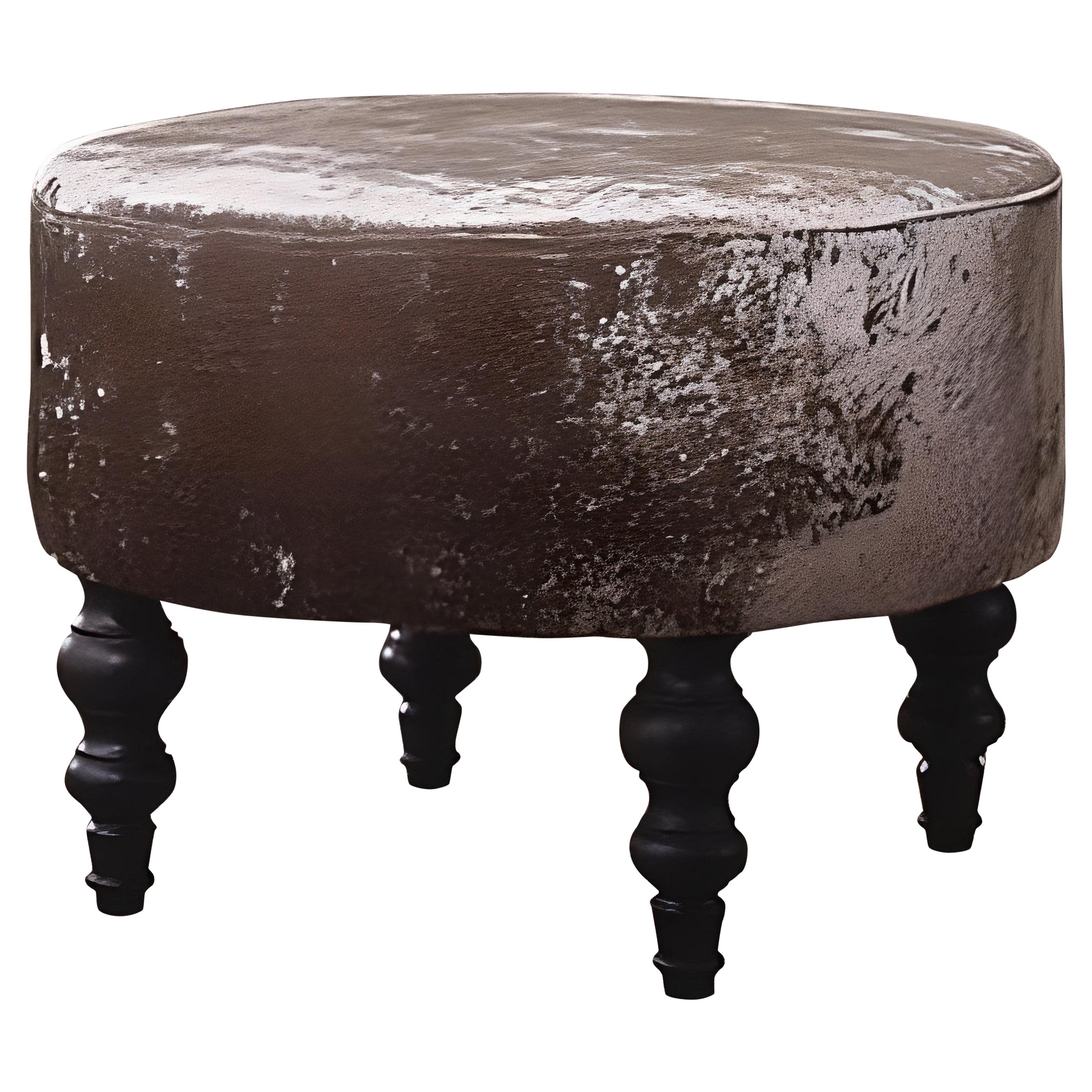 JOKER Round Brown Pouf with Turned Wooden Legs and Velvet  For Sale