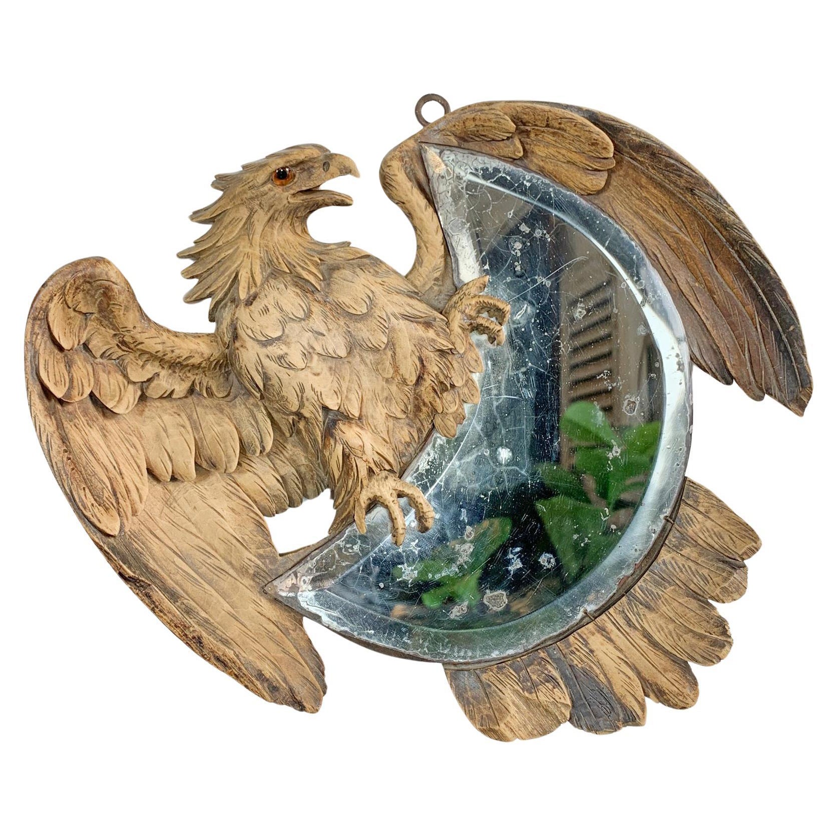 Eagle Crescent Mirror 1890 Black Forest Carving For Sale