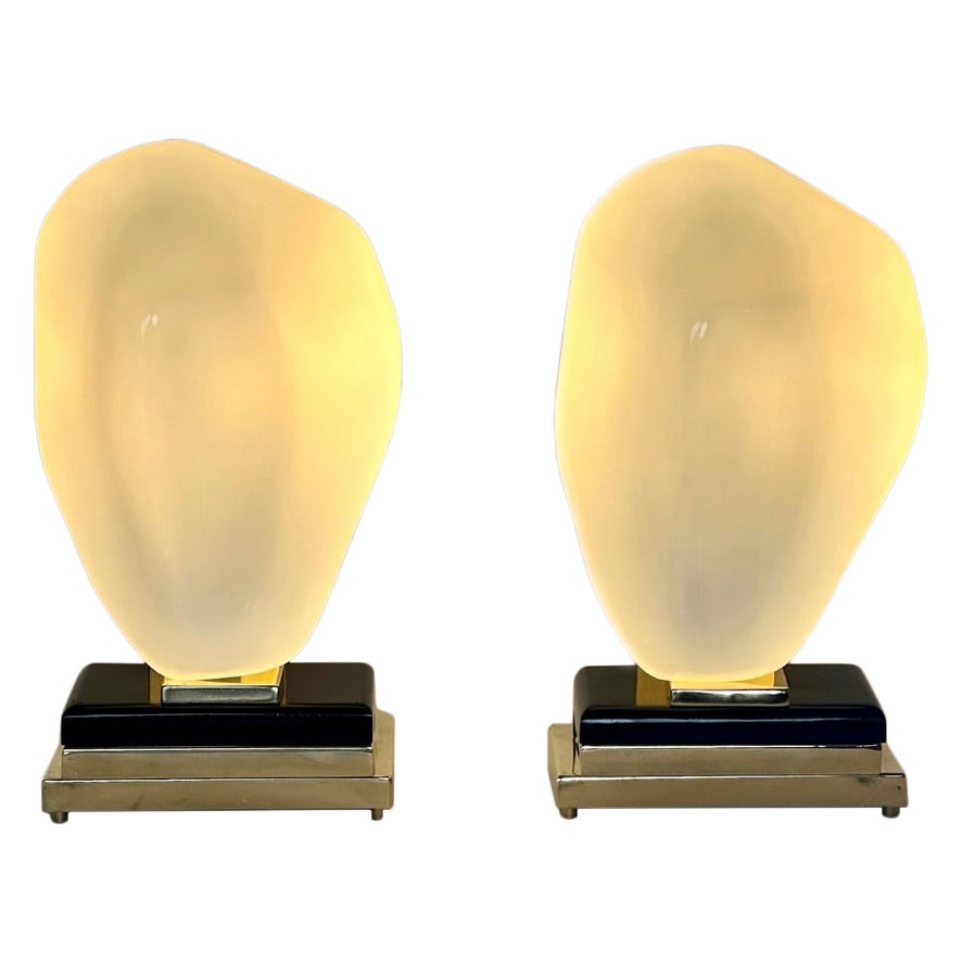 Late 20th Century Pair of Black Iron, Brass & White Murano Glass Table Lamps For Sale