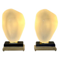 Late 20th Century Pair of Black Iron, Brass & White Murano Glass Table Lamps