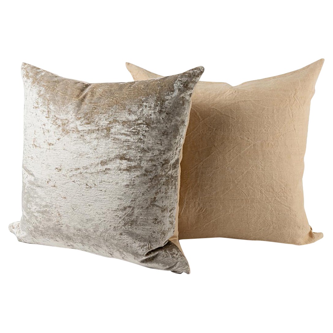 Pair of Big Throw Pillows Vintage Rustic Hemp Combined with Contemporary Velvet For Sale