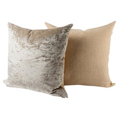 Pair of Big Throw Pillows Vintage Rustic Hemp Combined with Contemporary Velvet