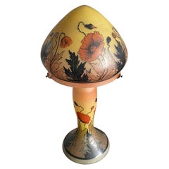 Arts and Crafts Stained Glass Table or Desk Lamp w. Hand Painted Poppy Flowers