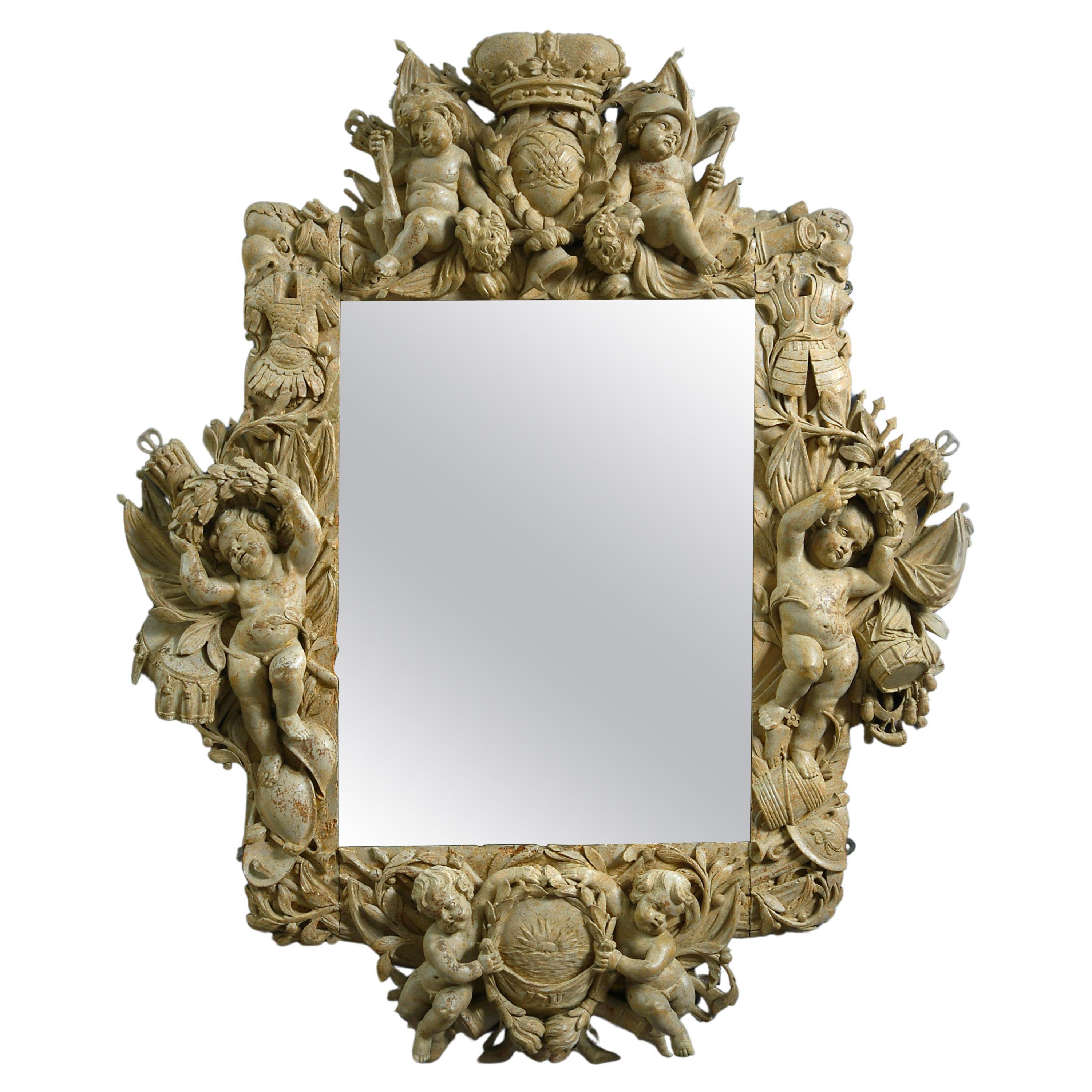 Dutch Baroque Stone-Painted Carved Limewood Mirror For Sale