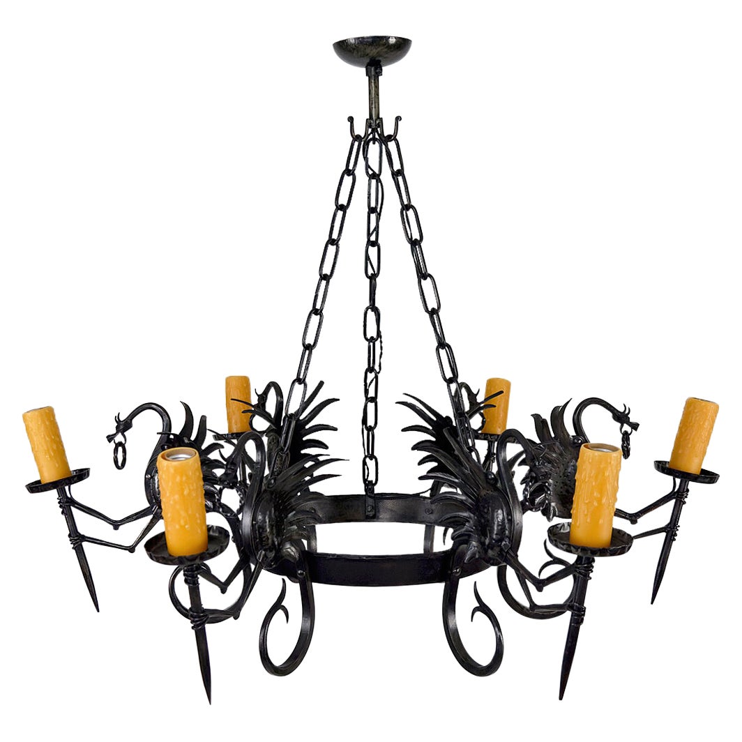 Large Wrought Iron Chandelier with Dragons, Italy, circa 1900 For Sale