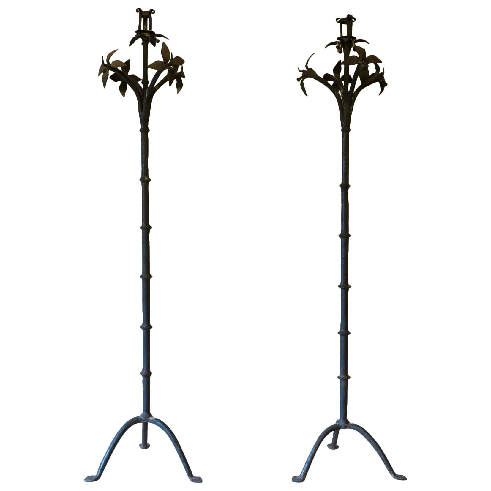 Tall Pair of Wrought Iron Candleholders, Early 19th Century For Sale