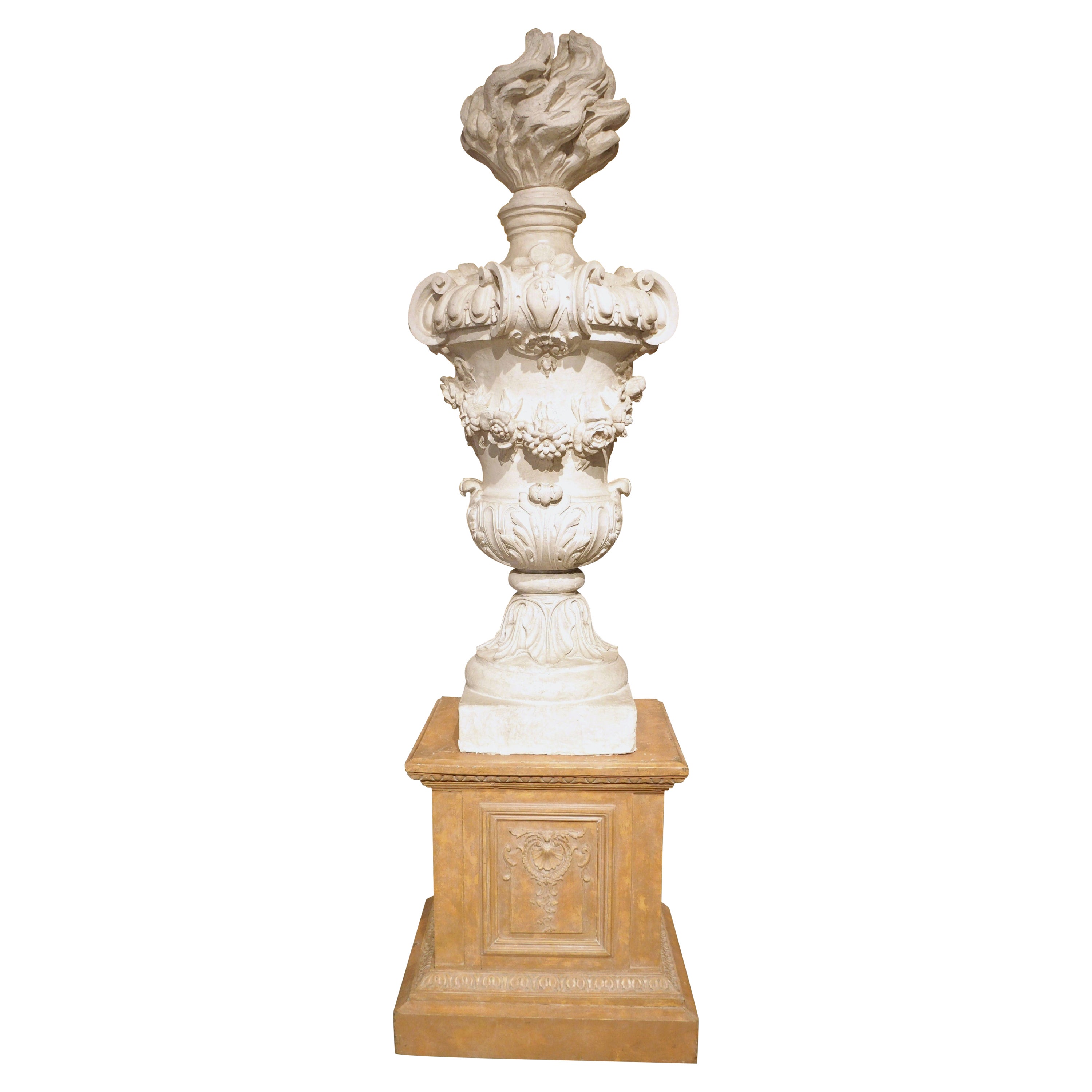 Large Antique French Plaster Pot A Feu Urn on Faux Marble Pedestal, 19th Century For Sale