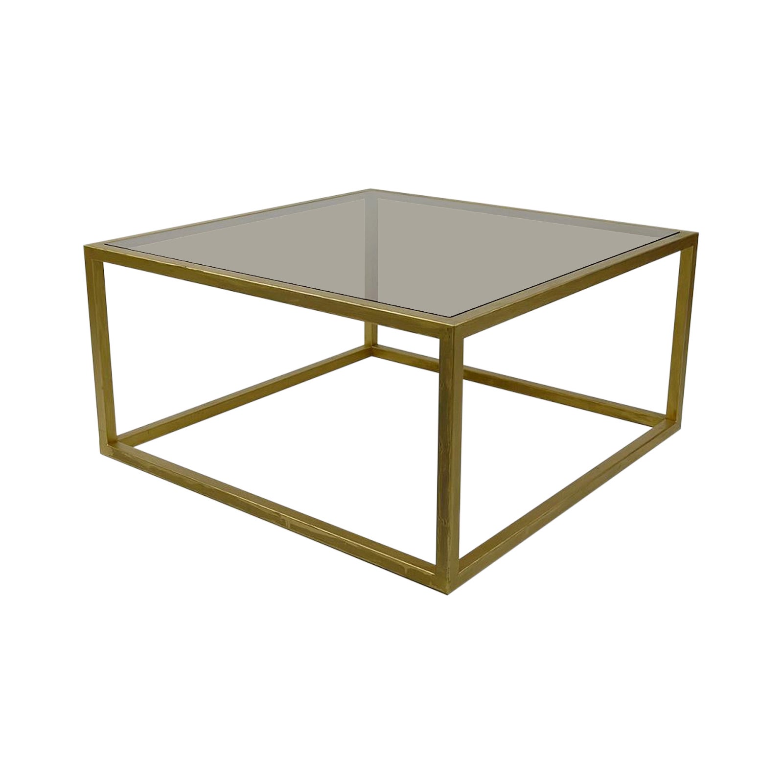 Modernist coffee table in gilded metal and smoked glass, France, Circa 1970 For Sale