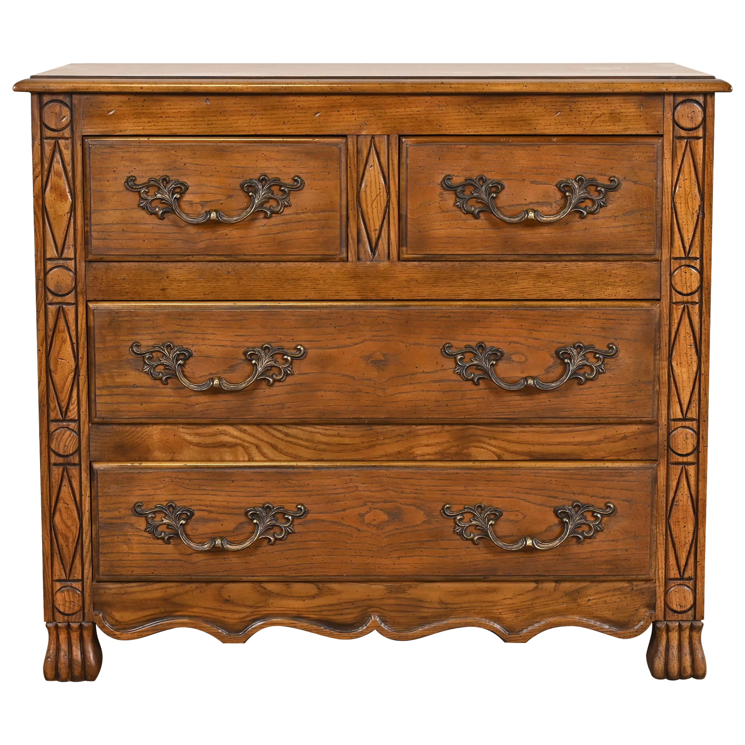 Baker Furniture French Provincial Louis XV Carved Oak Chest of Drawers For Sale