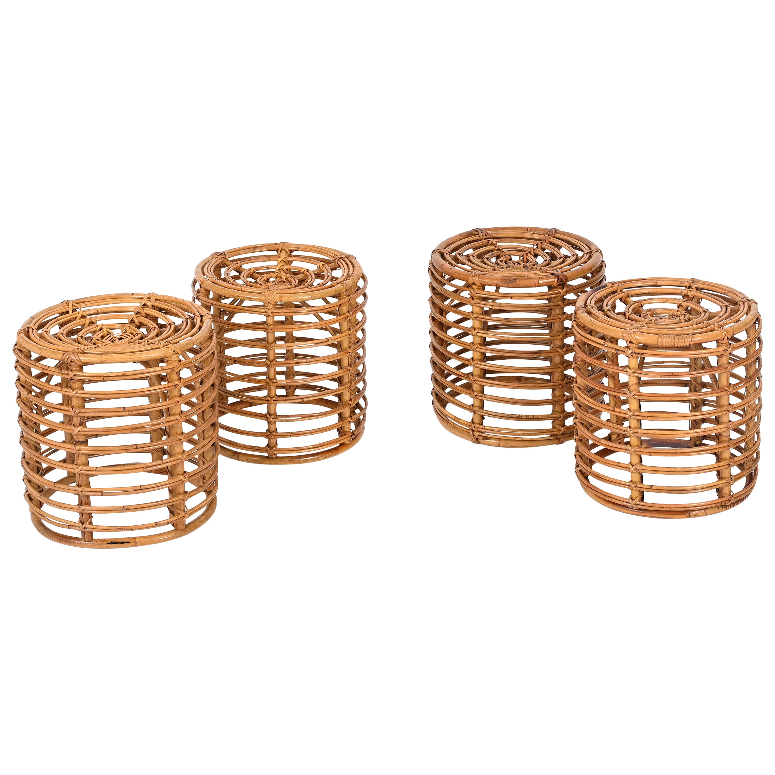 Midcentury Tito Agnoli Rattan and Bamboo Italian Pouf Stools, Italy 1960s