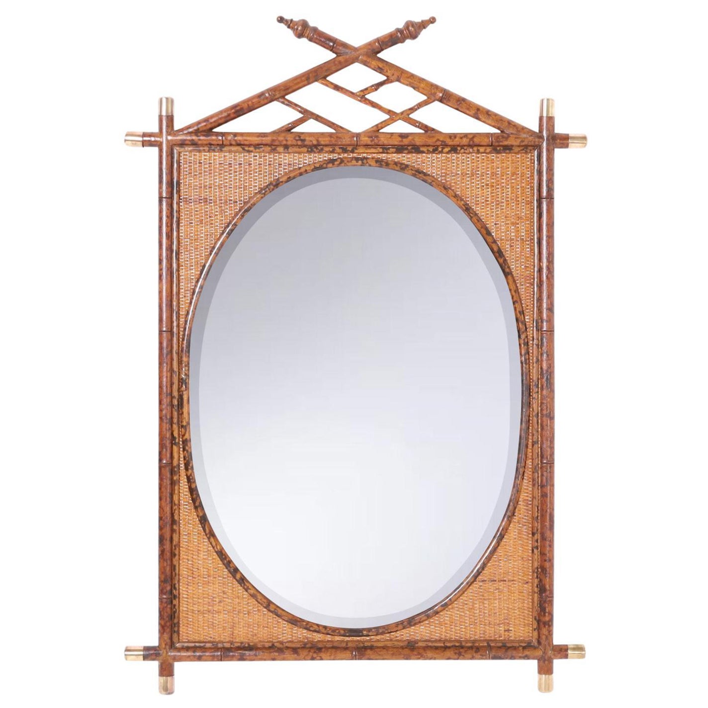 British Colonial Style Faux Bamboo and Grasscloth Wall Mirror