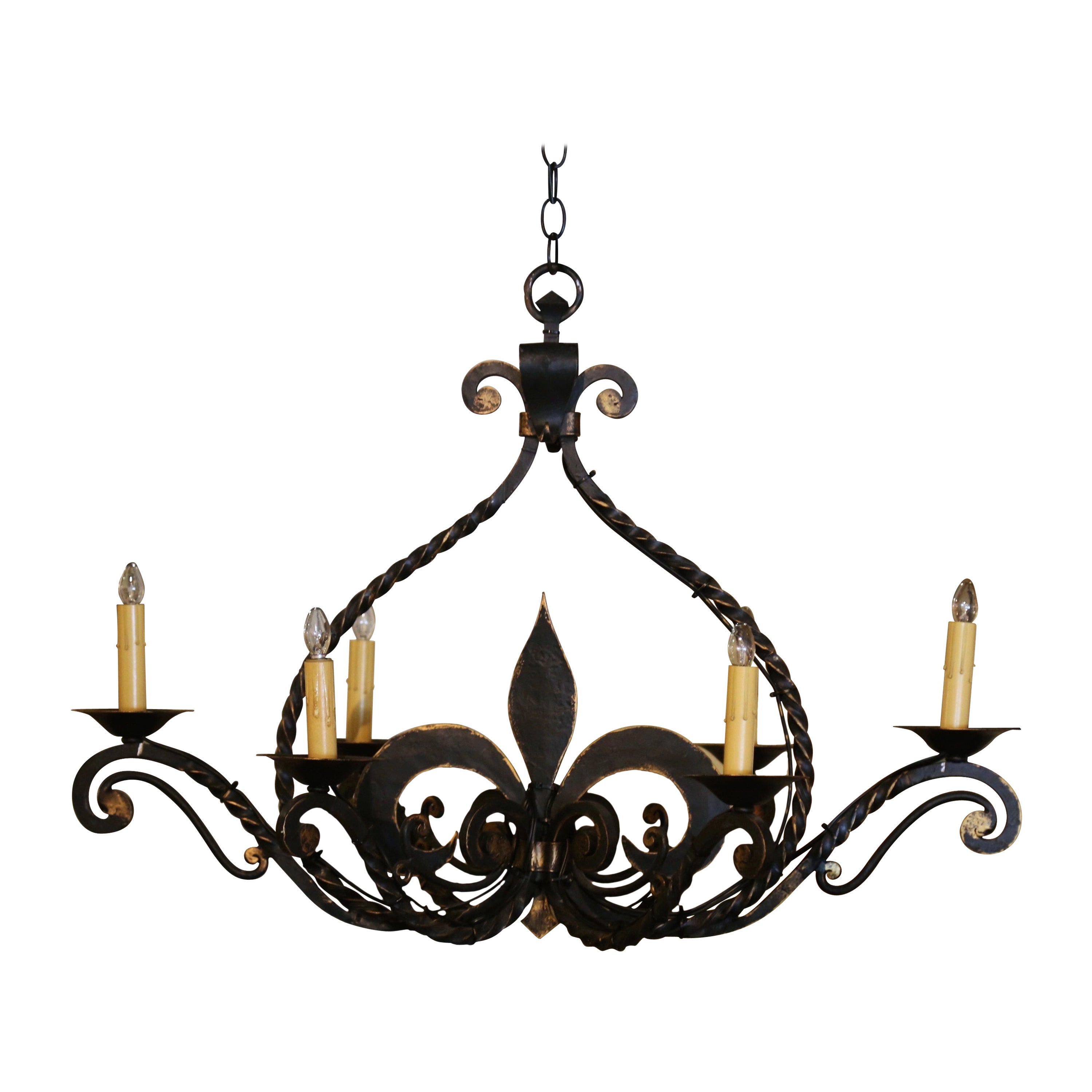  Early 20th Century French Gothic Wrought Iron Six-Light Fleur-de-Lys Chandelier For Sale