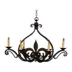  Early 20th Century French Gothic Wrought Iron Six-Light Fleur-de-Lys Chandelier
