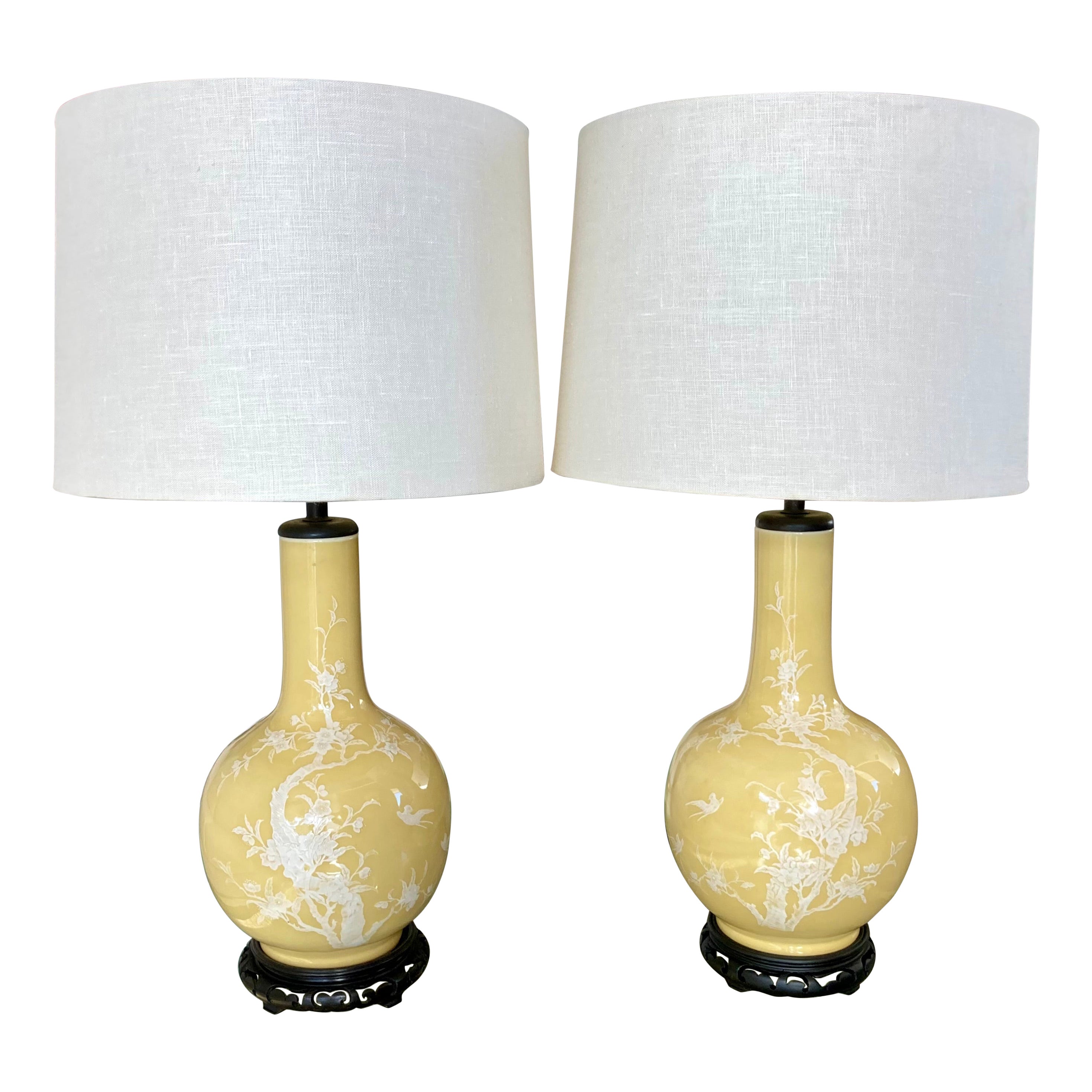 Yellow Asian Chinoiserie Table Lamps on Carved Wood Bases, a Pair