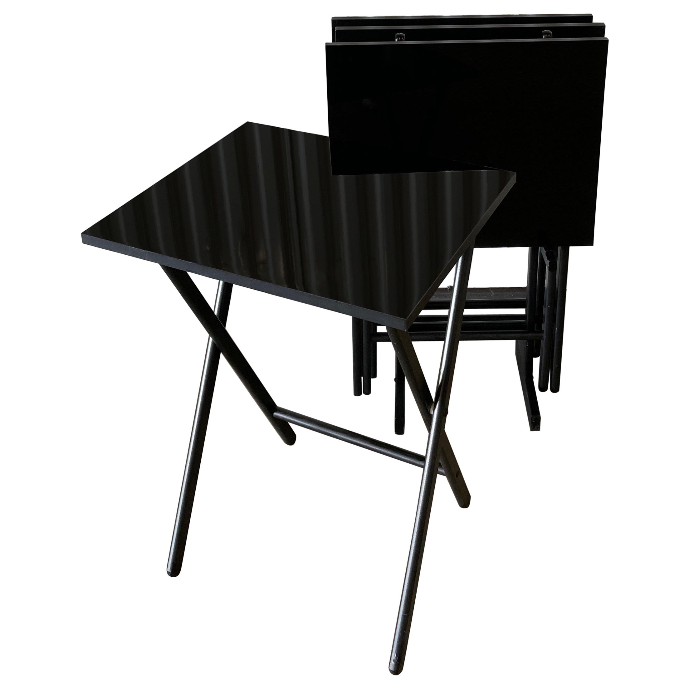 Set of Four MCM Black Laminate Folding Tray / Snack Tables with Stand For Sale