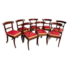19th C Ormolu Inset Regency Chairs With Red Cushions and Gold Metal, Set of 8